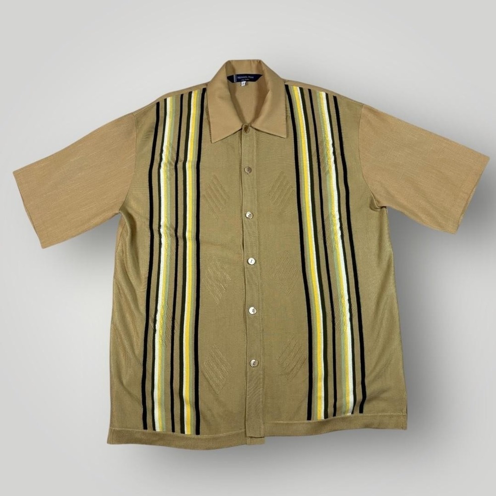 Michael Irvin Shirt Mens Large‎ Tan Vertical Stripe Button Front Knit Retro